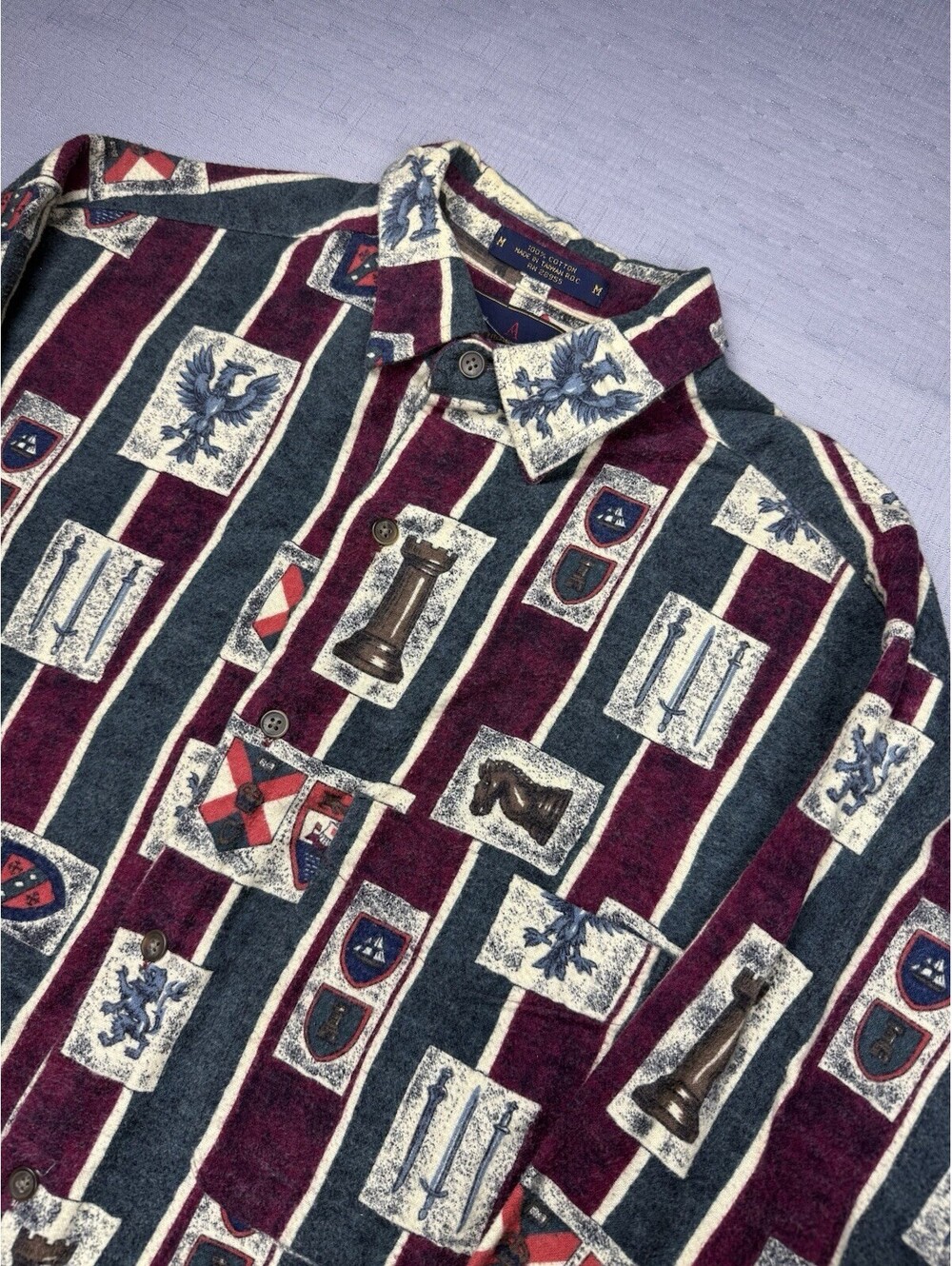 Vintage 90s Arrow 1851 Chess Print Shirt Mens‎ M Medieval Castle Cotton